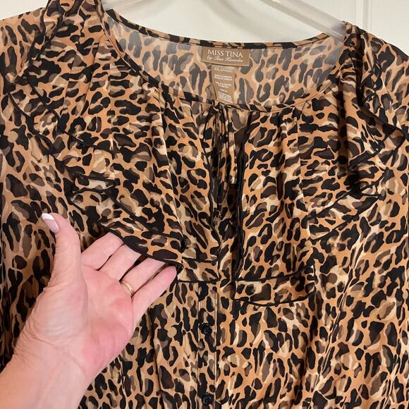 Miss Tina Animal Print Ruffled Long Sleeve Work/Party Semi Sheer Top Plus 2X - Picture 3 of 9